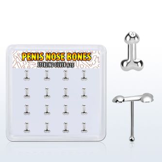 box w 16 pcs. silver nose bones, 22g w penis shape top