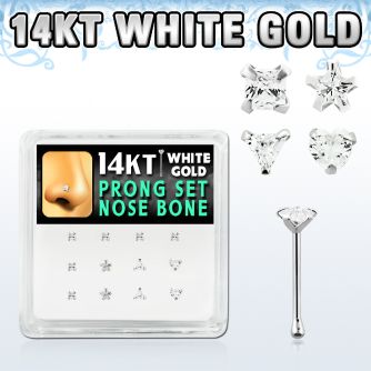 box w white 14kt gold nose bones w assorted prong set cz 