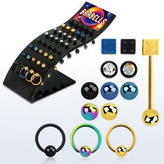 brbbtm display 40 barbells lengua acero 316l anodizado variados bolas lisas bola joya dados dados anillos conectados 16mm distribuidor mayorista