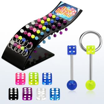 brdi 316l steel tongue barbell w acrylic uv dice slave ring