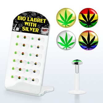 brlbi22 display 24 labrets bio flexibles transparentes plata esterlina presion 3mm logos marihuana variados 8mm distribuidor