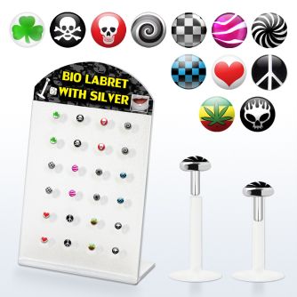 brlbi39 display 24 labrets transparentes bio flexibles plata esterlina presion 3mm logos variados 8mm distribuidor mayorista