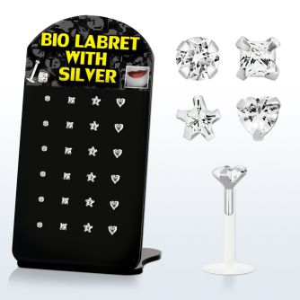 brlbi4 display 24 labrets bio flexibles transparentes zirconita claras formas redondas cuadradas corazon estrella 8mm venta