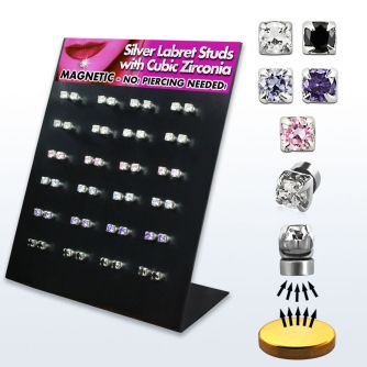 brlz3m display expositor 48 labrets magneticos plata esterlina zirconita 3mm soporte magnetico dorado venta