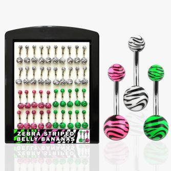 brmix18 display 40 piercings ombligo acero 316l bolas acrilicas rayas cebra 5 8mm 10mm distribuidor