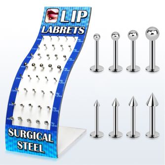 brmlb7 display of 316l steel labret with balls and cones