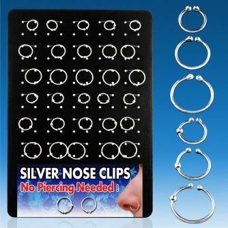 brncm1 display of silver fake nose clips in assorted sizes