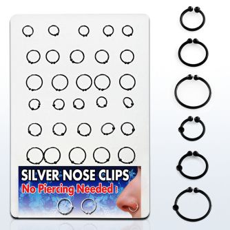 brncp1 display of black color plated sterling silver nose clips