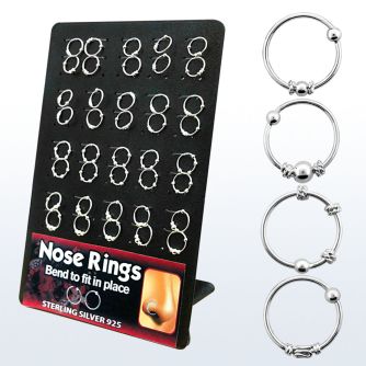brnhm7 display 40 aros nariz plata 925 0 6mm disenos variados diametro ezterior 10mm al por mayor