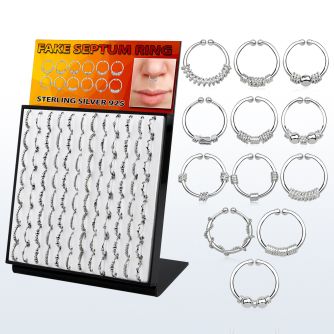 brnhmx18 display 96 anillos septum falsos plata esterlina 1mm disenos variados 12mm mayorista