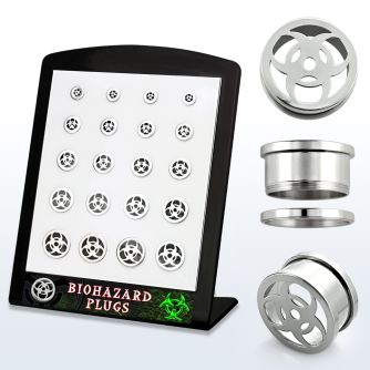 brpg143 board w steel screwfit flesh tunnel w biohazard logo