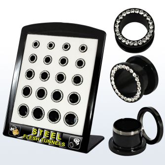 brpg148b board w black pvd 316l flesh tunnel w crystal rim