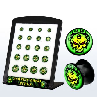 brpg151 display 20 plugs acrIlico negro doble flare logo calavera verde anarquIa 6mm 14mm mayorista