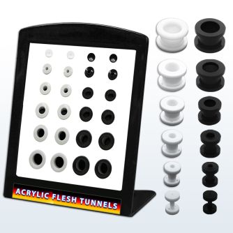 brpg76 distribuidor mayorista display 24 plugs acrIlico negros logo doble cara palomas 6g to 12 venta por mayor