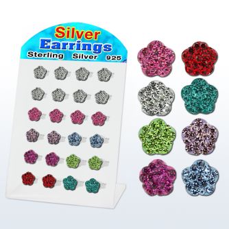 brsfd14 display 12 pares piercings oreja plata esterlina cristal ferido flor mayorista