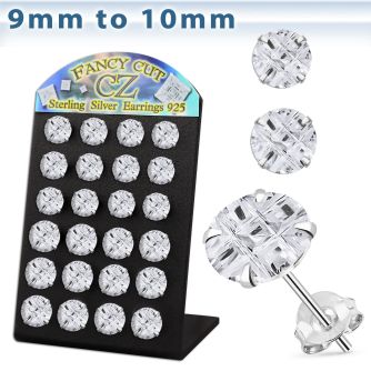 brsv9g display 12 pares piercings oreja plata esterlina zirconia corte lujoso redondas claras 9mm 10mm venta