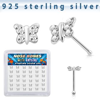 bxbutc36 silver nose bones 22g butterfly clear crystals 36