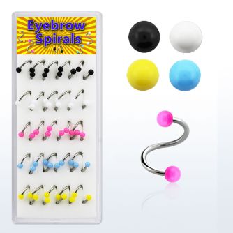 bxmbj2 caja display 25 espirales ceja acero quirurgico bolas colores solidos 3mm 8mm mayorista