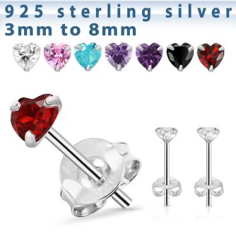 czhtm silver ear studs with heart prong set cz stone
