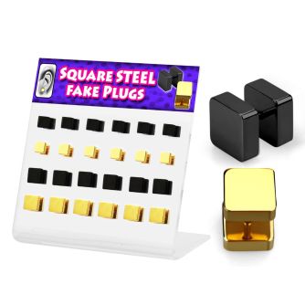 dacb148 display acrilico 24 plugs falsos acero 316l anodizado negro dorado lados cuadrados 6mm 8mm mayorista
