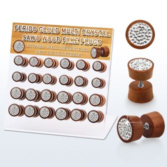 dacb184 display w 24 pc of sawo wood fake plugs w multi crystals