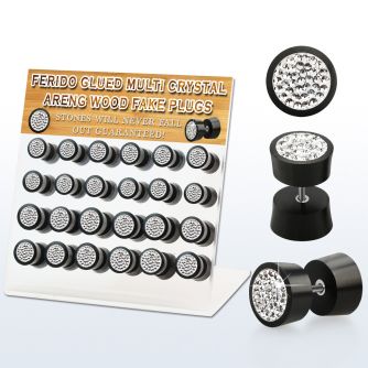 dacb185 display w 24 pc of areng wood fake plugs w multi crystal