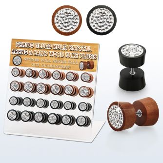 dacb186 display w 24 pc of mixed wood fake plugs w multi crystal
