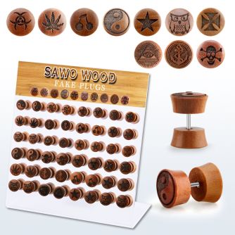 dacb219 display acrilico 48 plugs falsos variados madera sawo barra acero quirurgico logos rayados laser 8mm 10mm distribuidor