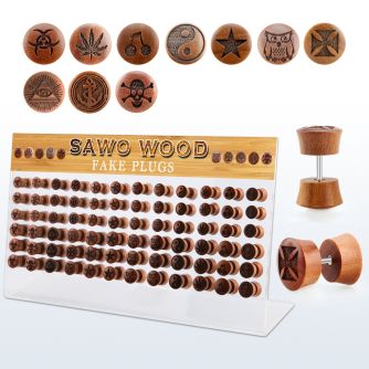 dacb220 display acrilico 72 plugs falsos variados madera sawo barra acero quirurgico logos rayados laser 8mm 10mm mayorista