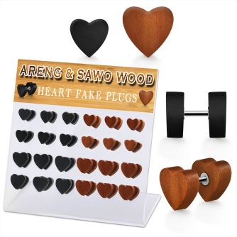 dacb236 display acrilico 24 plugs falsos madera areng sawo corazon acero quirurgico 8mm & 10mm mayorista