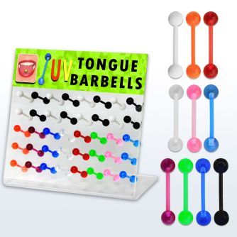 dacb54 board of flex acrylic tongue barbell w colored balls