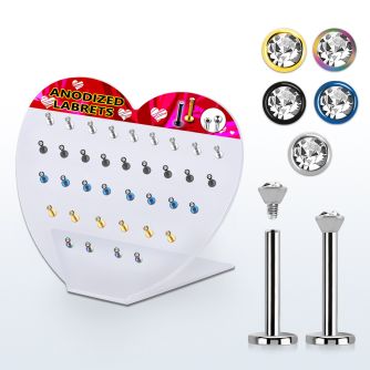 dacb65 display acrilico corazon 36 labrets acero quirurgico rosca interna cristal plano 2 5mm 8mm mayorista