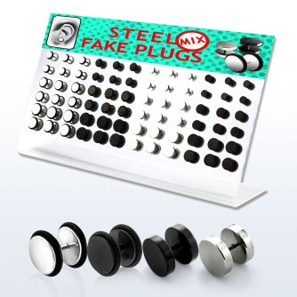 dacb90 display acrilico 72 plugs falsos acero anodizado negro brillo espejo anillos goma plugs falsos acrilicos negro blanco al por mayor