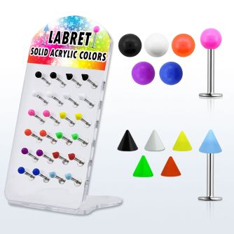 dacb94 display 24 labrets acero quirurgico bolas conos 3mm colores solidos 8mm mayorista