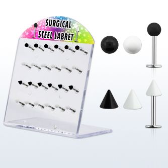 dacb96 display 24 labrets acero quirurgico bolas conos 3mm negros blancos 8mm venta