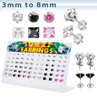 dacb98 display 36 pares piercings oreja acero inoxidable zirconia cuadradas redondas claras negras 3mm 8mm venta