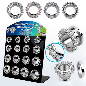 dapg186b display acrilico negro 16 dilataciones tunel tornillo acero 316l brillo espejo zirconia borde mayorista