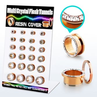 dapg74c display 24 dilataciones tunel acero 316l pvd oro rosa multi cristal ferido 4mm 12mm. mayorista