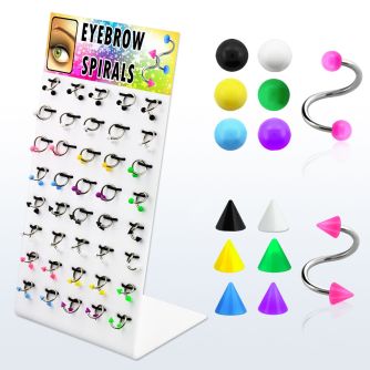 dbjmx13 display 40 espirales ceja acero quirurgico bolas conos colores solidos 3mm 8mm distribuidor mayorista