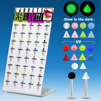 dbjmx1 display 40 labrets acero quirurgico bolas conos 3mm uv brillan oscuridad 8mm distribuidor