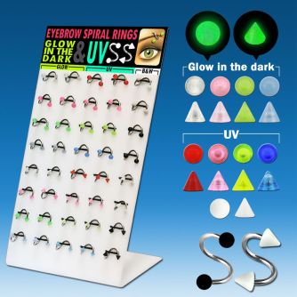 dbjmx4 display 40 espirales acero quirurgico bolas conos uv brillan oscuridad 3mm 8mm distribuidor