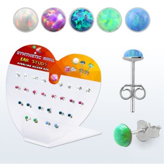 devo3 display acrilico corazon 13 pares piercings oreja plata 925 opalo redondo 3mm al por mayor