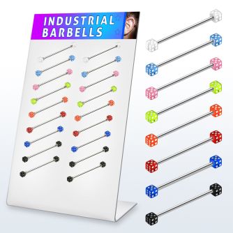 dind13 display 18 barbells industriales acero 316l dados acrilico uv 4mm 35mm 38mm distribuidor