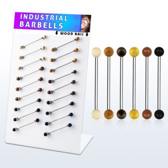 dind26 display 18 barbell industrial organico barra acero 316l bolas madera 5mm areng cocodrilo jaca sawo teca sono distribuidor