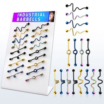 dind8 display 18 barbells industriales acero quirurgico anodizado disenos variados bolas distribuidor