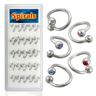 djspe3 caja 25 espirales ceja acero quirurgico bolas joya bisel 3mm 8mm 10mm distribuidor mayorista