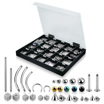 dmbj13 display acrilico 945 partes piercings acero quirurgico bolas conos dados barras bananas barbells circulares labret barbells mayorista