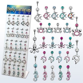 dmix12 display acrilico 25 piercings ombligo acero quirurgico colgantes tema playa variados 10mm distribuidor