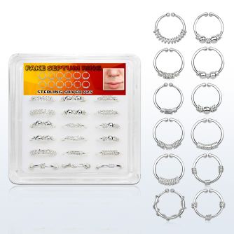 dnsm90 box w 18 pcs. of assorted silver fake septum rings