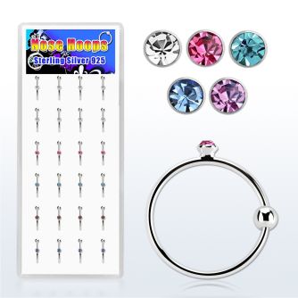dnsm9 box of silver hoop nose rings with crystal ball 10mm
